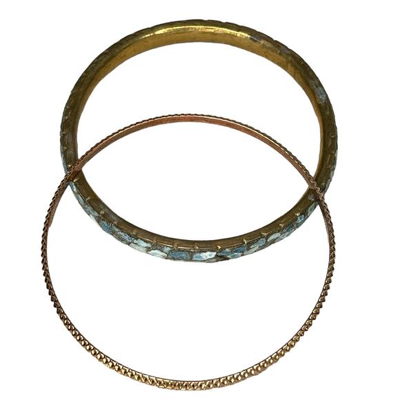 Vintage Brass & Turquoise Chip Bracelet Bangle Set Brass Bracelet Made In India - Picture 4 of 8
